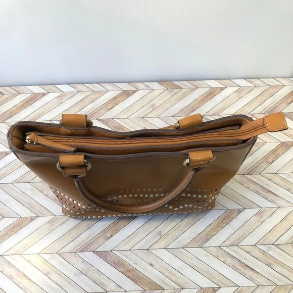 Faux Leather Vegan Camel Brown Tote Bag w/ Handles Country Western 70s Style - Picture 8 of 9